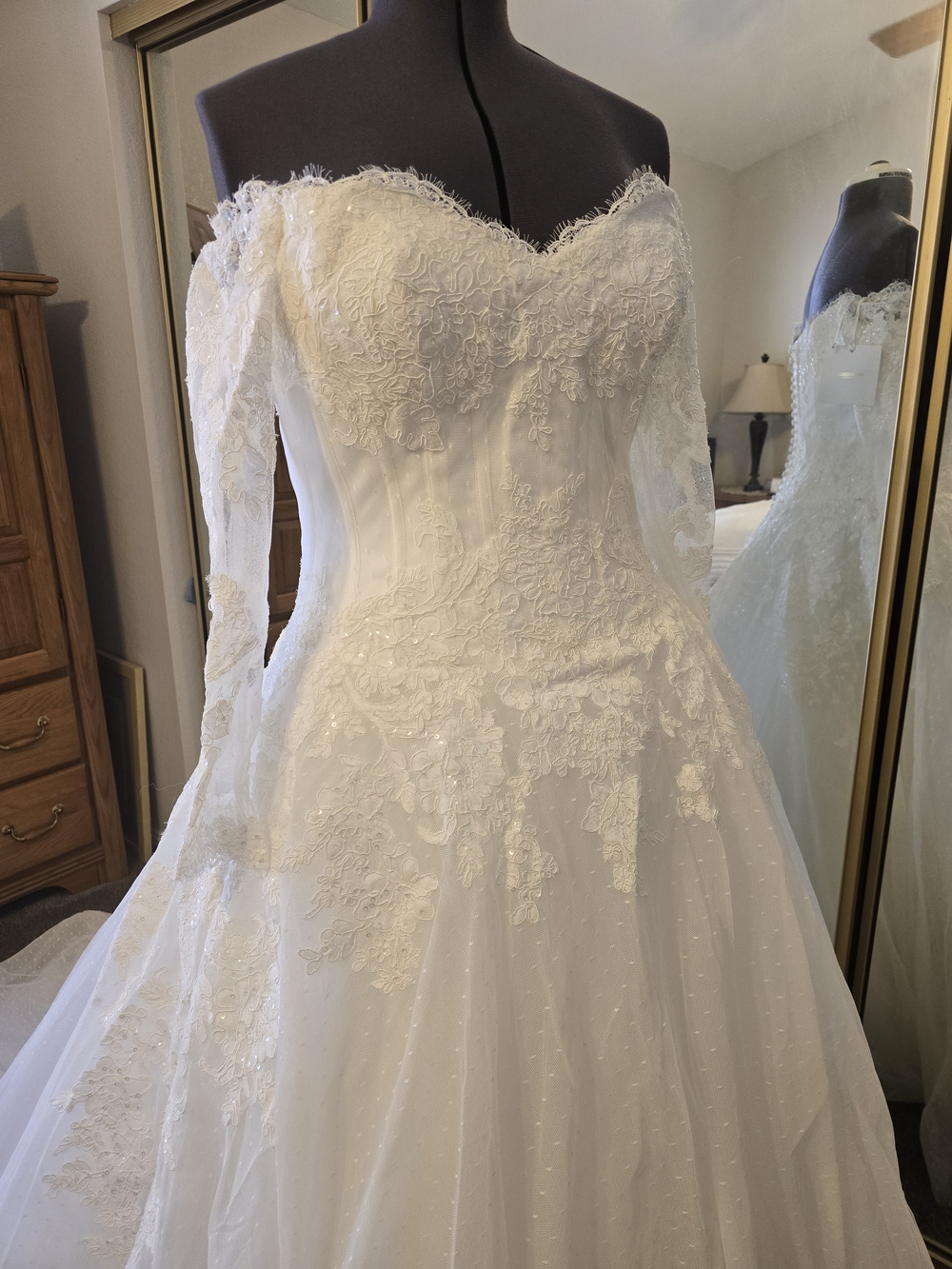 Off-Shoulder Long Sleeve White Lace Ball Gown Dress - Picture 14 of 16